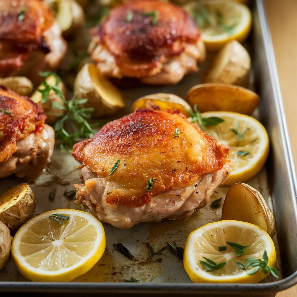 One-pan lemon garlic chicken and potatoes on sheet pan with golden brown crispy chicken skin, roasted baby potatoes, lemon slices, and fresh herbs garnish