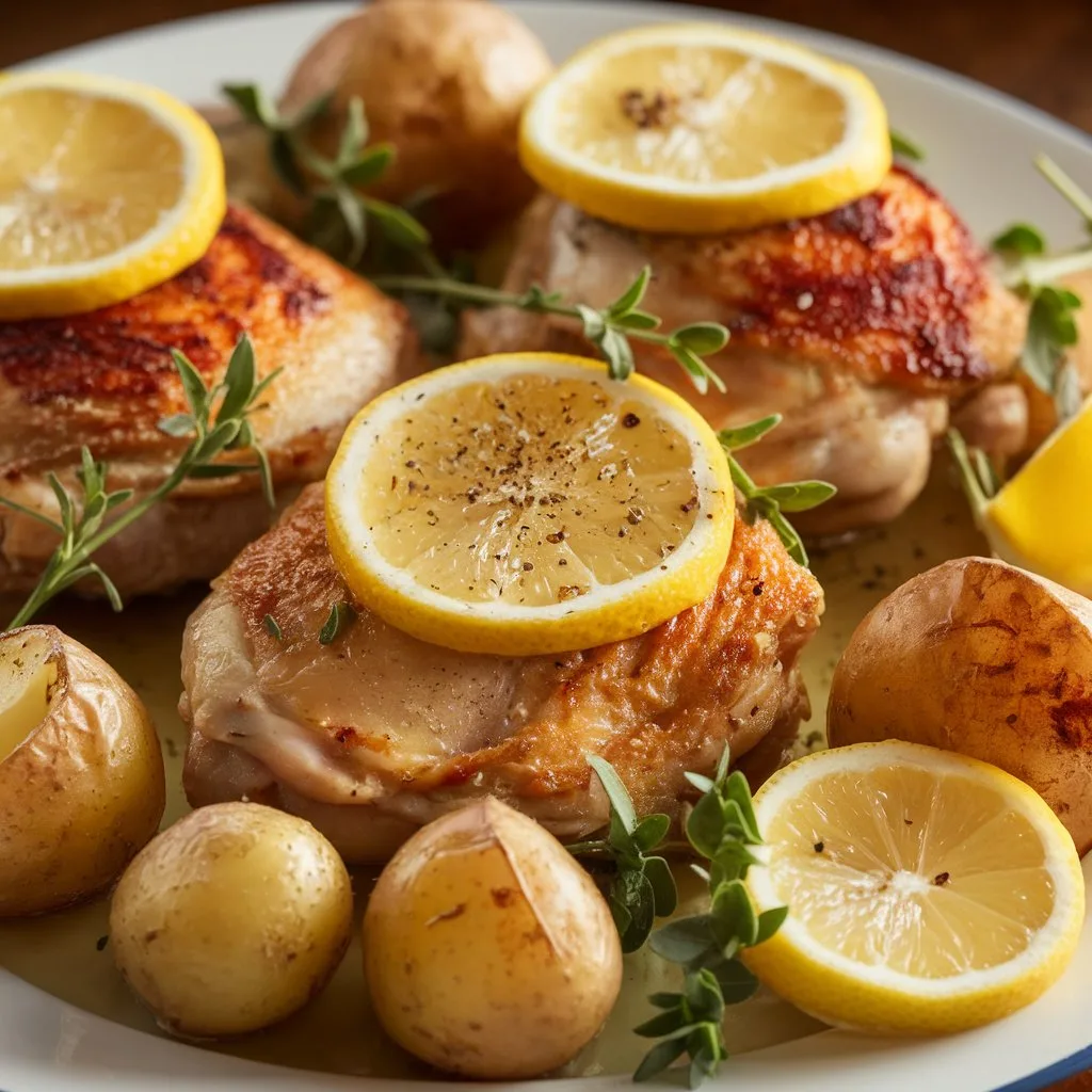 One-pan lemon garlic chicken and potatoes on sheet pan with golden brown crispy chicken skin, roasted baby potatoes, lemon slices, and fresh herbs garnish