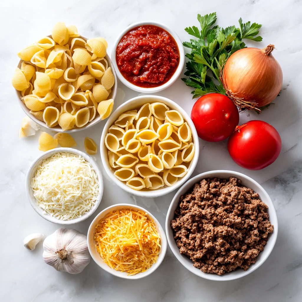 One pot creamy taco pasta with ground beef in skillet with melted cheese