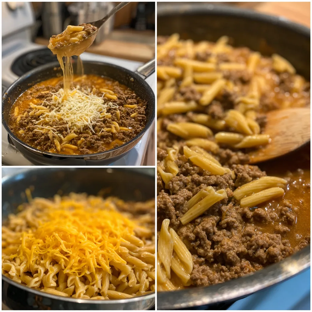 One pot creamy taco pasta with ground beef in skillet with melted cheese