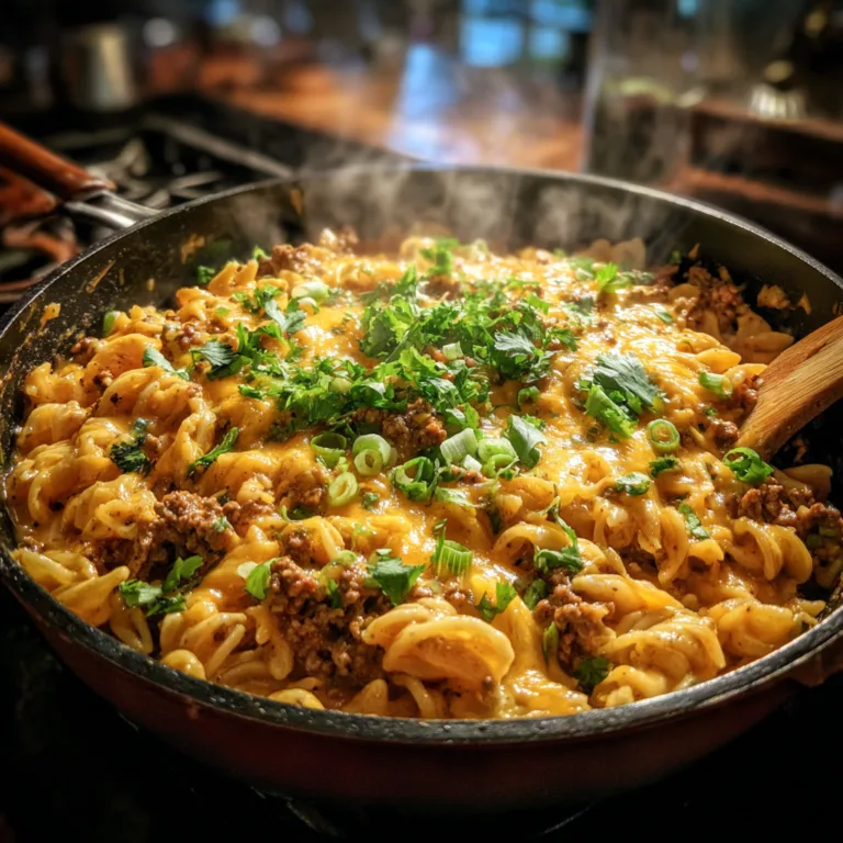 One pot creamy taco pasta with ground beef in skillet with melted cheese