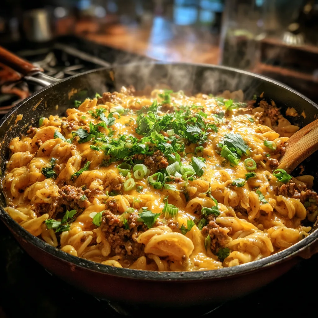 One pot creamy taco pasta with ground beef in skillet with melted cheese