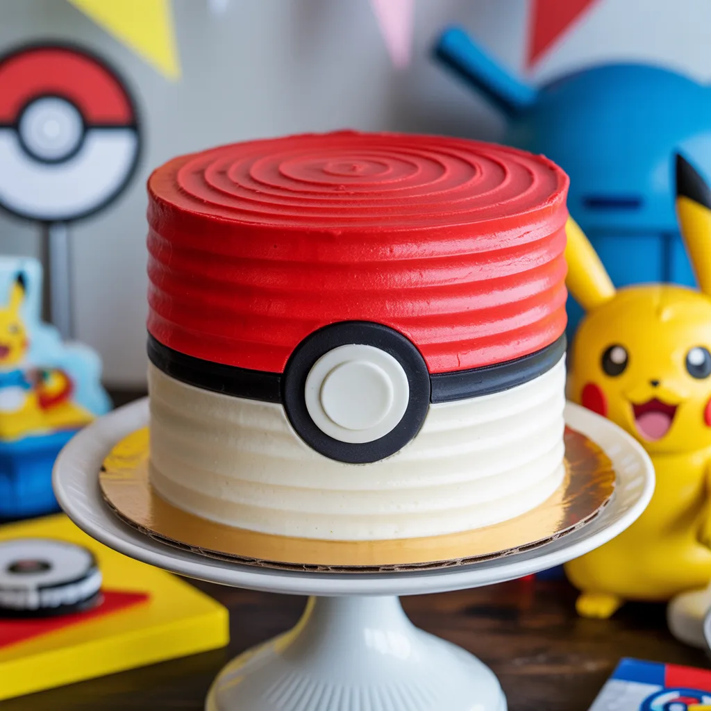 Poke Ball cake with red top half, white bottom half, black fondant stripe and center button for Pokemon birthday