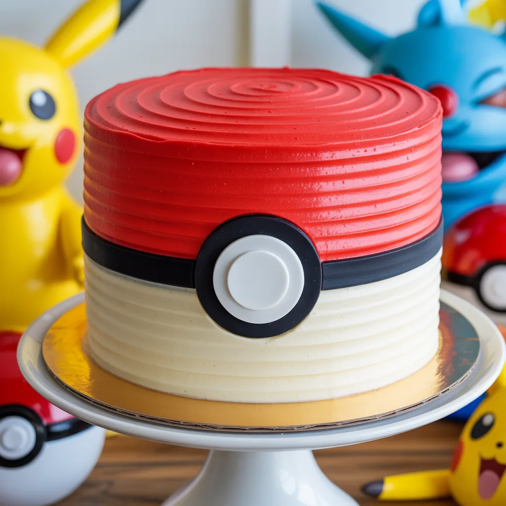 Poke Ball cake with red top half, white bottom half, black fondant stripe and center button for Pokemon birthday