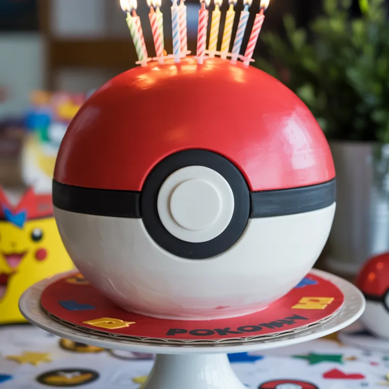 Poke Ball cake with red top half, white bottom half, black fondant stripe and center button for Pokemon birthday