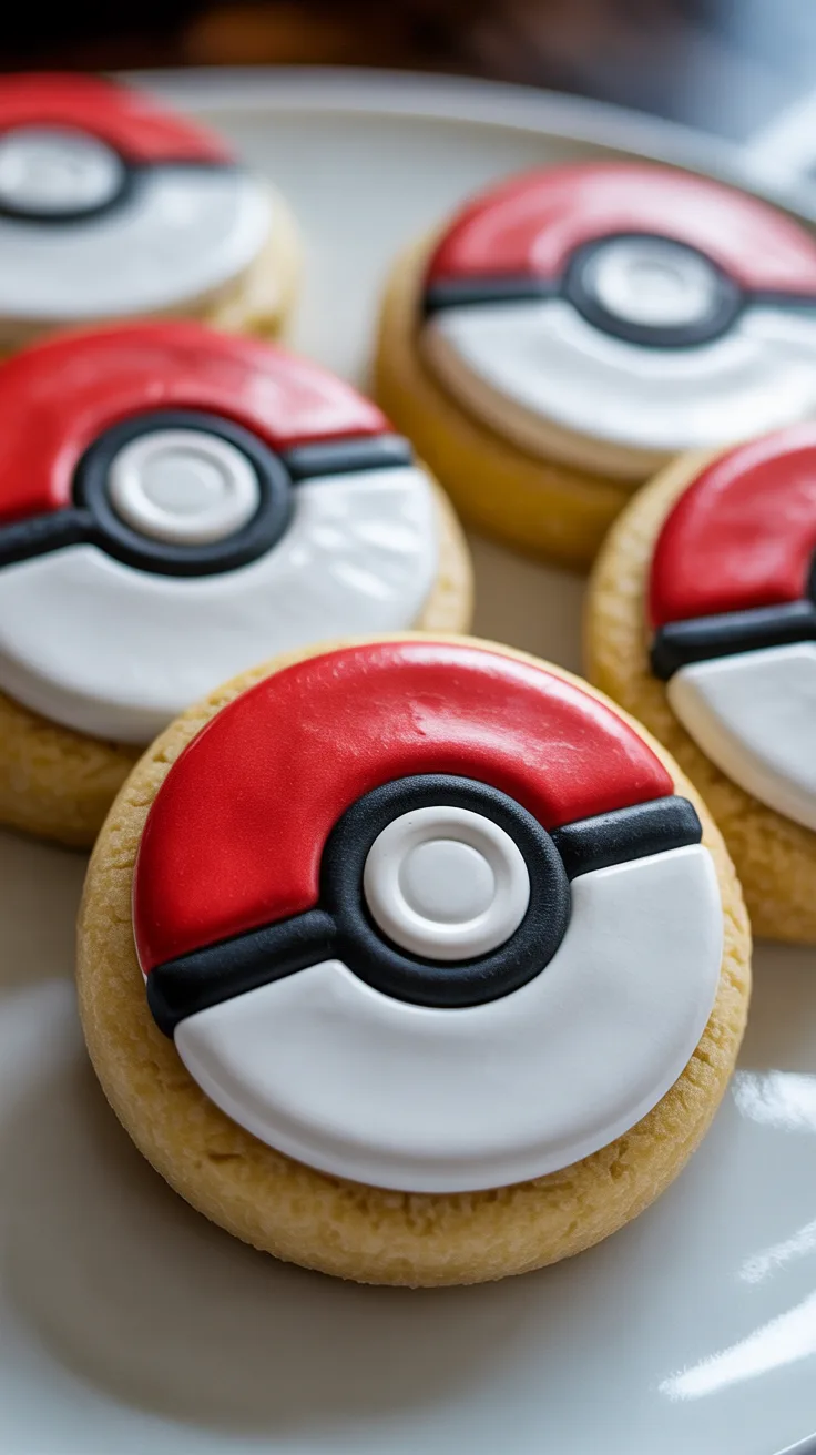 Poké Ball Cookies (Easy Pokémon Party Cookies) on a white plate