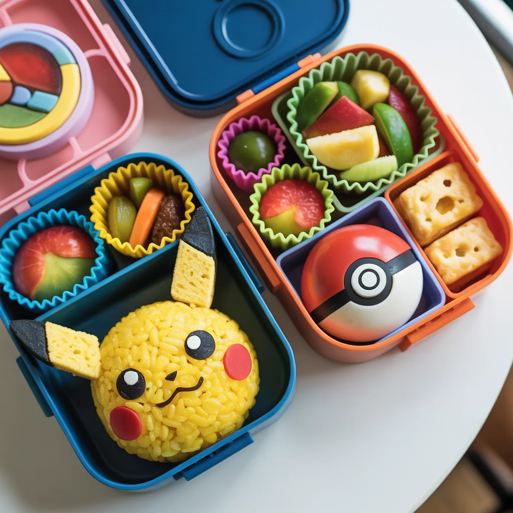 Pokemon bento lunch box with Pikachu shaped rice ball, vegetables, fruit, and Pokeball themed sandwich in divided compartments