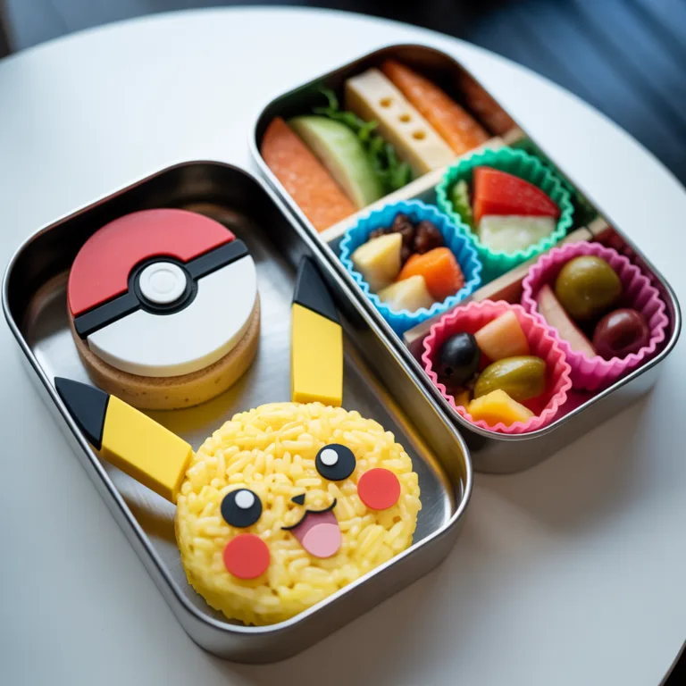 Pokemon bento lunch box with Pikachu shaped rice ball, vegetables, fruit, and Pokeball themed sandwich in divided compartments