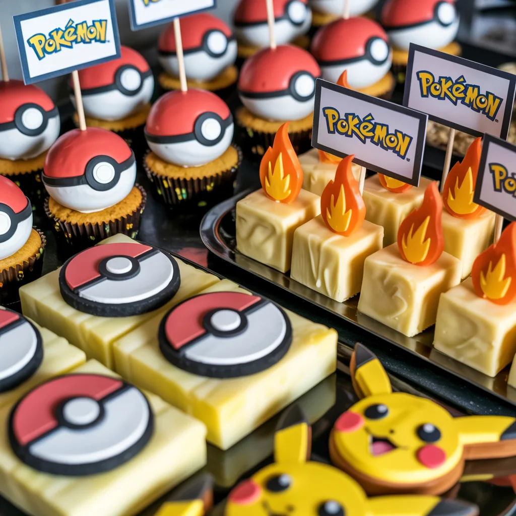 Pokémon Party Food Ideas – Easy Snacks for Kids (2) Pokemon party food table display with Pokeball decorated foods, yellow Pikachu treats, and colorful themed snacks