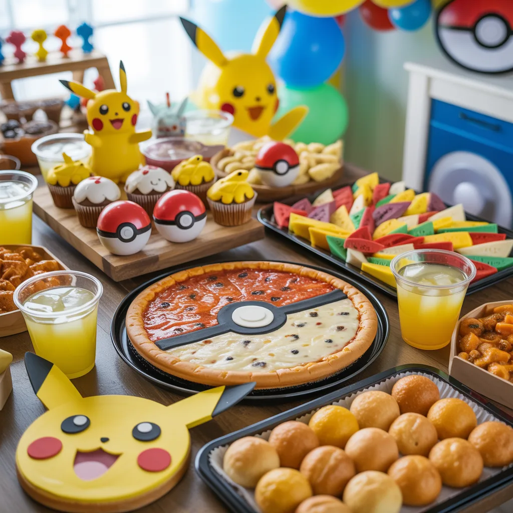 Pokémon Party Food Ideas – Easy Snacks for Kids (3) Pokemon party food table display with Pokeball decorated foods, yellow Pikachu treats, and colorful themed snacks