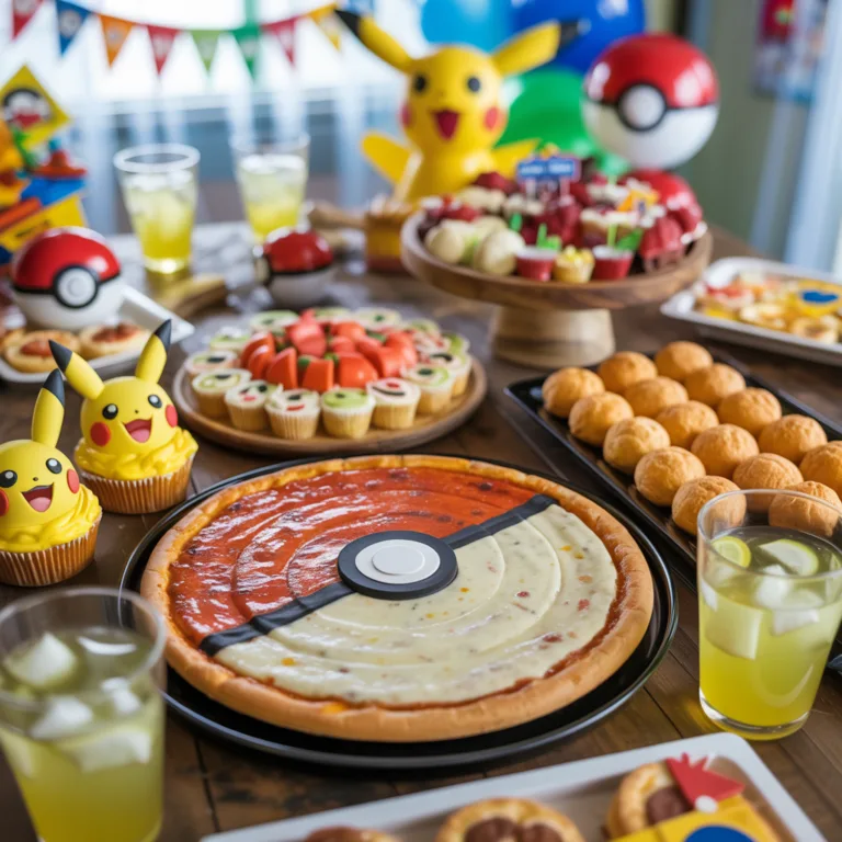 Pokemon party food table display with Pokeball decorated foods, yellow Pikachu treats, and colorful themed snacks