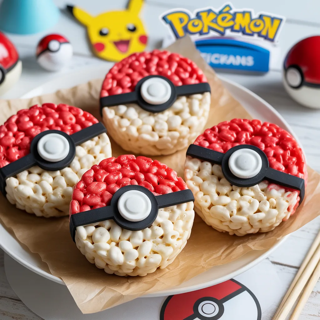 Pokémon Rice Krispie Treats Recipe – No-Bake Party Snacks (1) Pokemon Rice Krispie treats shaped like Poké Balls with red top, white bottom, and black stripe details