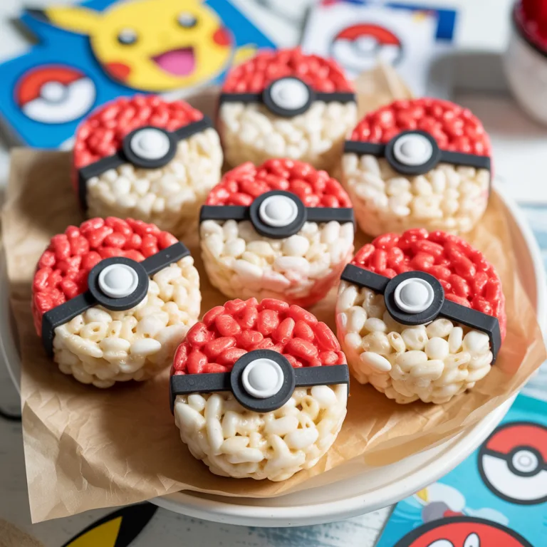 Pokemon Rice Krispie treats shaped like Poké Balls with red top, white bottom, and black stripe details