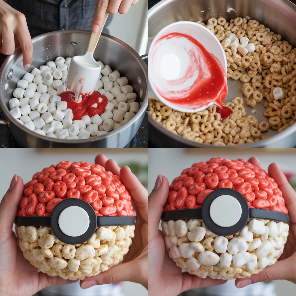 Pokémon Rice Krispie Treats Recipe – No-Bake Party Snacks (3) Pokemon Rice Krispie treats shaped like Poké Balls with red top, white bottom, and black stripe details