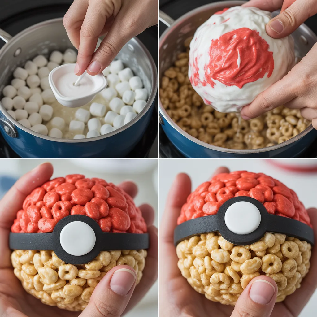 Pokemon Rice Krispie treats shaped like Poké Balls with red top, white bottom, and black stripe details