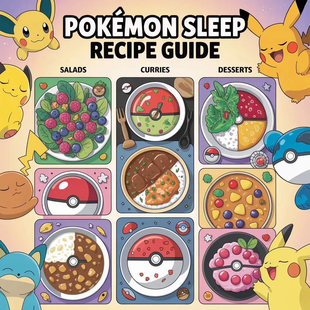 Pokemon Sleep recipe guide showing curry salad and dessert dishes with ingredient lists