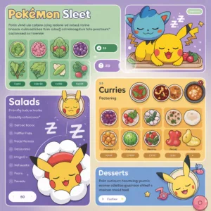 Pokemon Sleep recipe guide showing curry salad and dessert dishes with ingredient lists