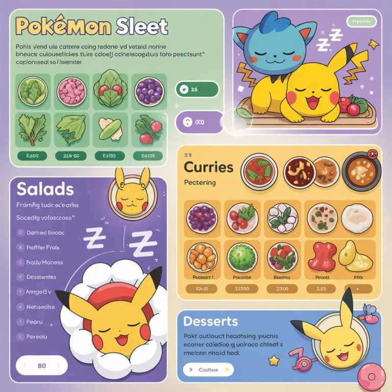 Pokemon Sleep recipe guide showing curry salad and dessert dishes with ingredient lists
