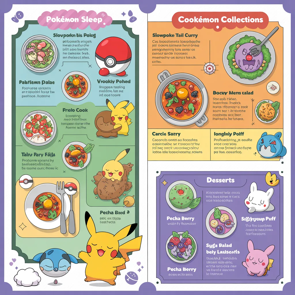 Pokemon Sleep recipe guide showing curry salad and dessert dishes with ingredient lists