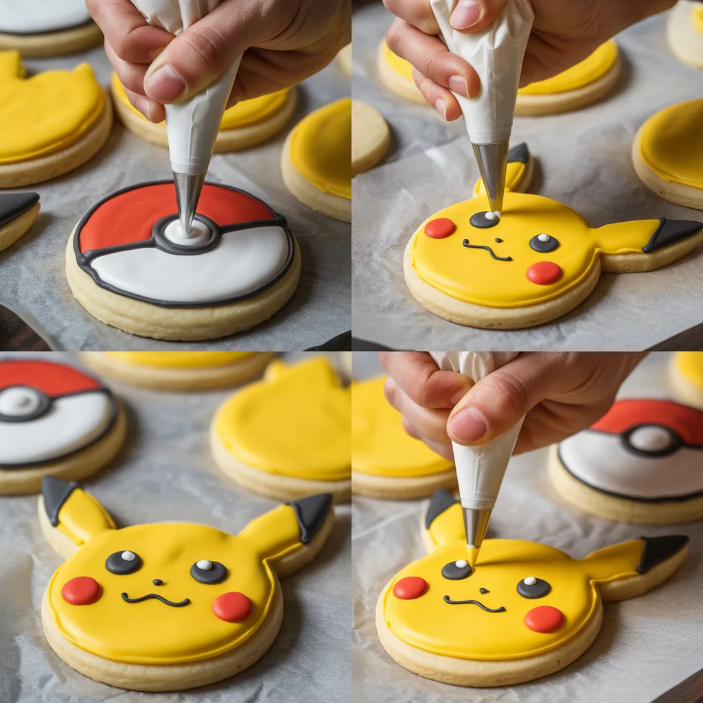 Soft Pokemon sugar cookies decorated with yellow Pikachu faces and red white Pokeball designs with royal icing