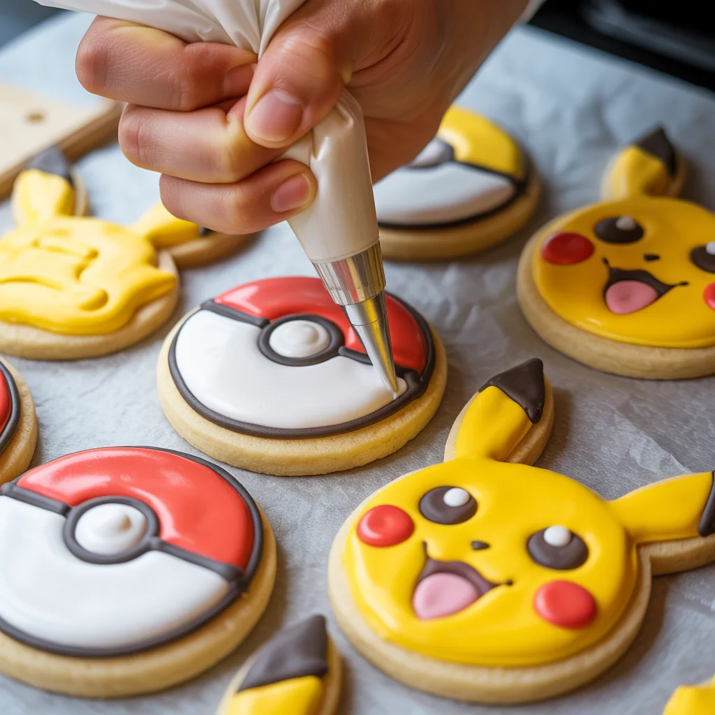 Soft Pokemon sugar cookies decorated with yellow Pikachu faces and red white Pokeball designs with royal icing