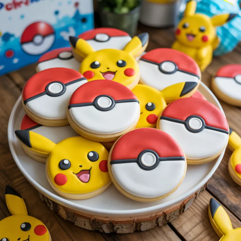 Soft Pokemon sugar cookies decorated with yellow Pikachu faces and red white Pokeball designs with royal icing
