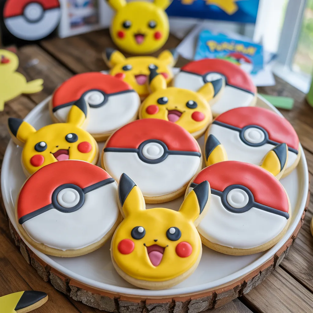 Soft Pokemon sugar cookies decorated with yellow Pikachu faces and red white Pokeball designs with royal icing