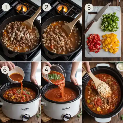 Crockpot stuffed pepper soup in bowl with ground beef, diced red and green bell peppers, rice, tomatoes, and melted cheese on top