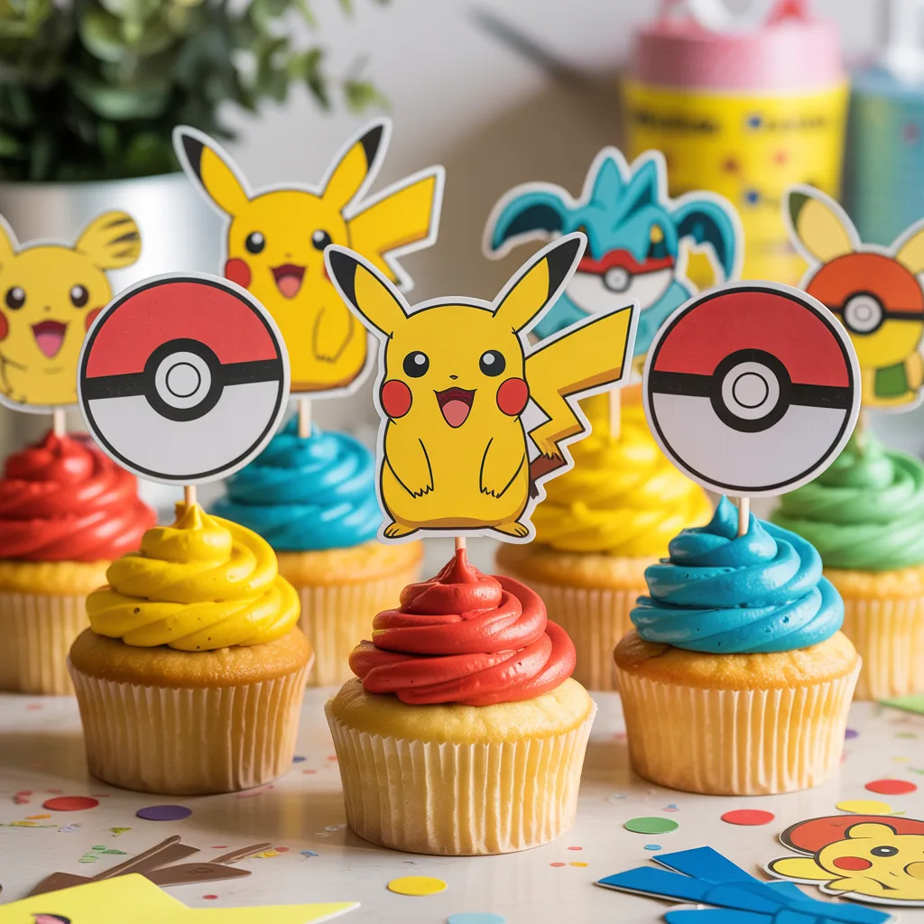 Pokemon cupcake toppers with Pikachu and Pokeball designs on decorated cupcakes