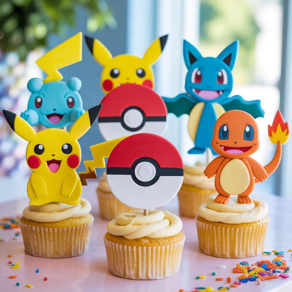 Pokemon cupcake toppers with Pikachu and Pokeball designs on decorated cupcakes