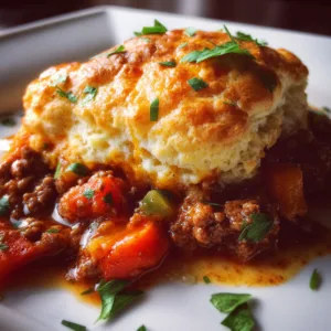 Sloppy joe biscuit bake with golden fluffy biscuits and melted cheddar cheese