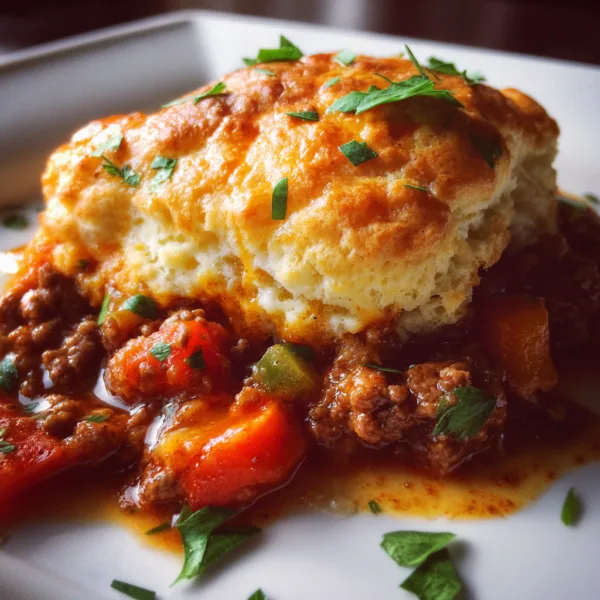 Sloppy joe biscuit bake with golden fluffy biscuits and melted cheddar cheese