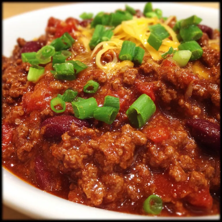 Slow cooker chili with ground beef, beans, and tomatoes in white bowl with toppings