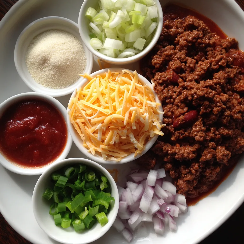 Slow cooker chili with ground beef, beans, and tomatoes in white bowl with toppings