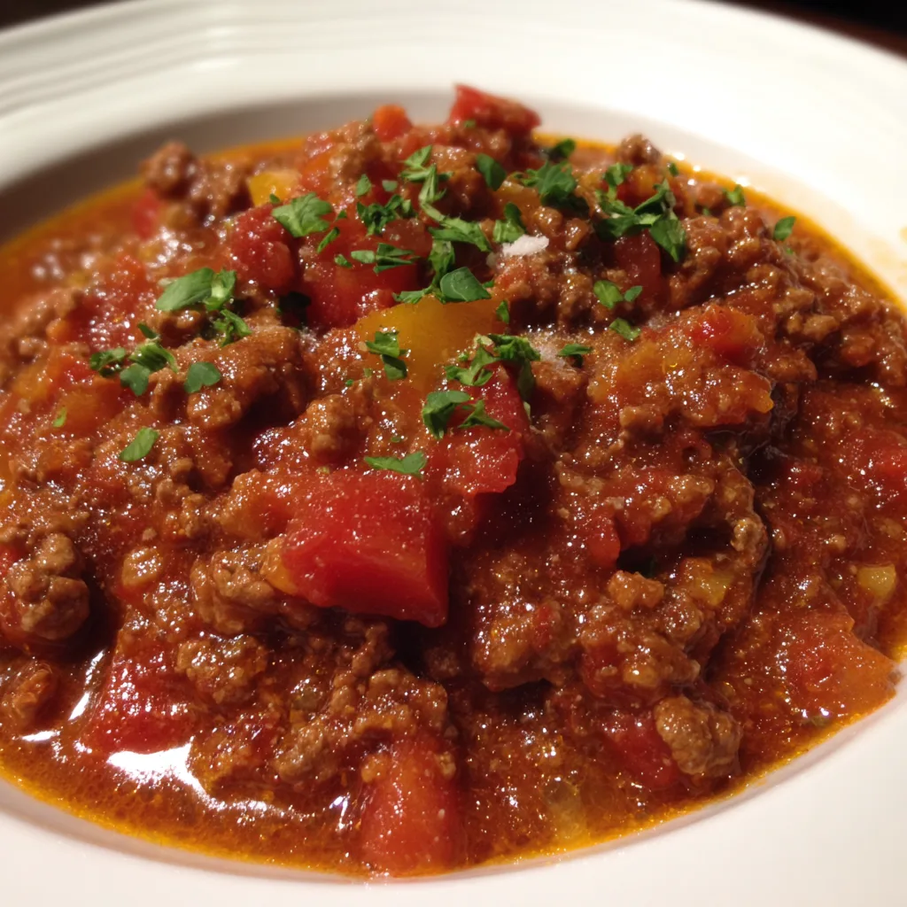 Slow cooker chili with ground beef, beans, and tomatoes in white bowl with toppings