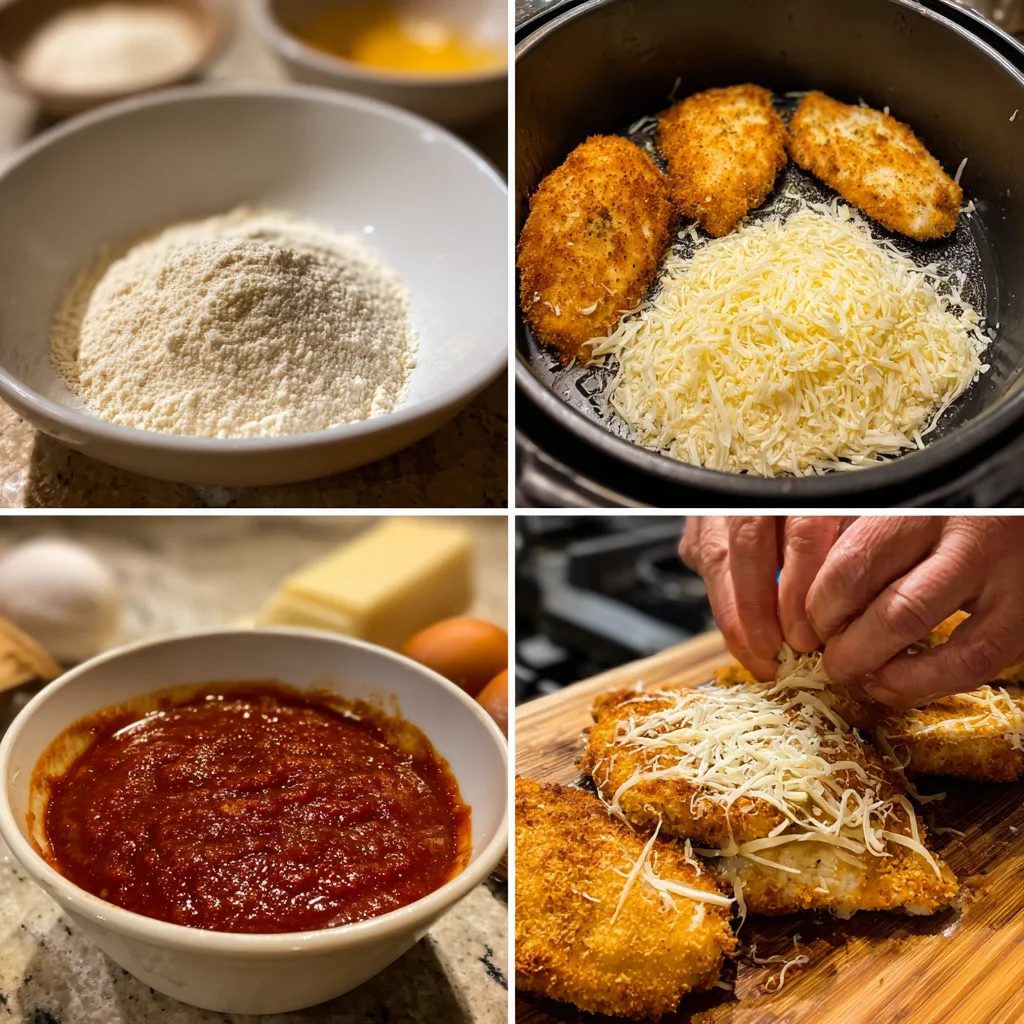 Step by step air fryer chicken parmesan showing chicken being breaded in three bowls (1) Step by step Air fryer chicken parmesan with golden crispy breading topped with melted cheese and marinara