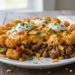 Taco tater tot casserole in white baking dish with golden brown crispy tater tots on top, melted cheddar cheese, seasoned ground beef with black beans and corn visible, served with sour cream and fresh toppings