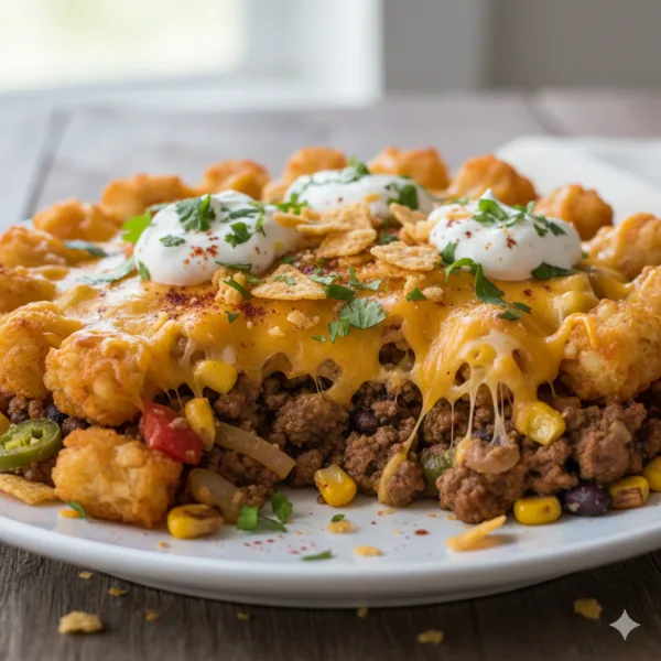 Taco tater tot casserole in white baking dish with golden brown crispy tater tots on top, melted cheddar cheese, seasoned ground beef with black beans and corn visible, served with sour cream and fresh toppings