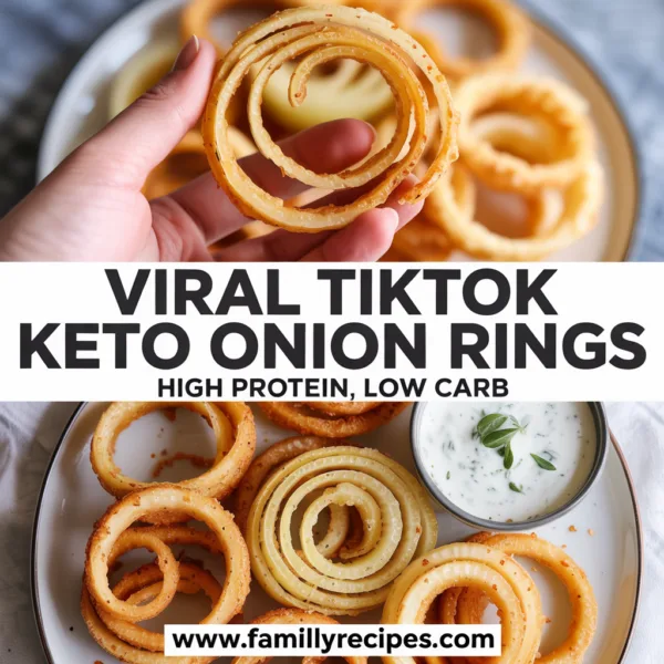Viral keto onion rings made with shredded parmesan cheese, golden crispy coating, no breadcrumbs, hand holding one ring