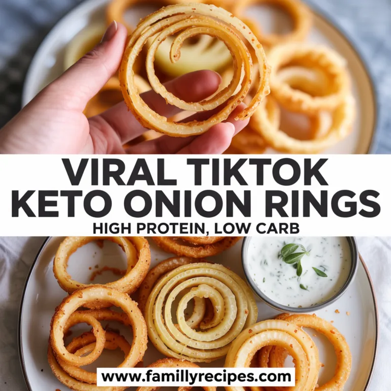 Viral keto onion rings made with shredded parmesan cheese, golden crispy coating, no breadcrumbs, hand holding one ring
