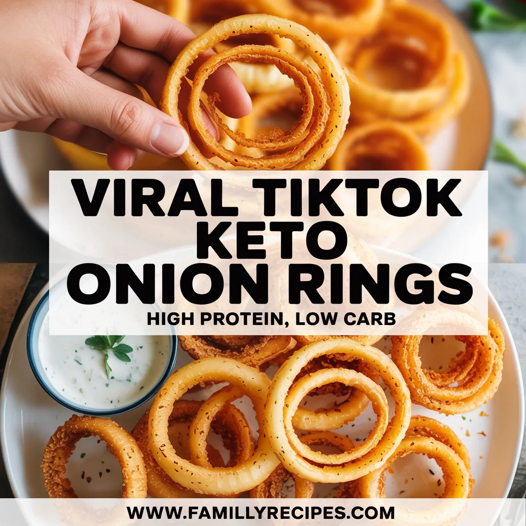 Viral High-Protein Keto Onion Rings (4) Viral keto onion rings made with shredded parmesan cheese, golden crispy coating, no breadcrumbs, hand holding one ring