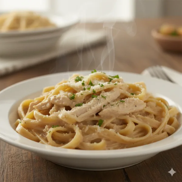 Crockpot chicken alfredo in a white ceramic bowl with creamy sauce, fettuccine pasta, tender shredded chicken, topped with fresh parsley and grated Parmesan cheese