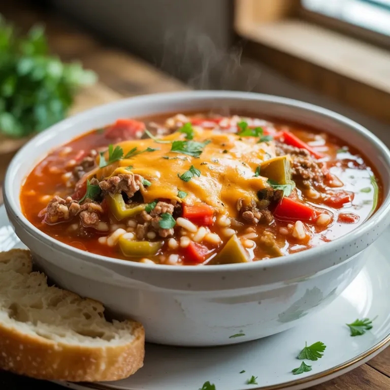 Crockpot stuffed pepper soup in bowl with ground beef, diced red and green bell peppers, rice, tomatoes, and melted cheese on top