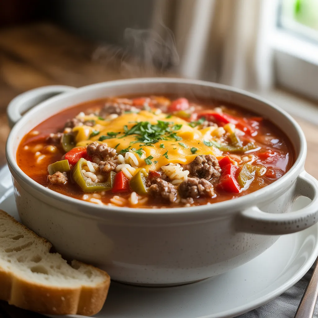 Crockpot stuffed pepper soup in bowl with ground beef, diced red and green bell peppers, rice, tomatoes, and melted cheese on top