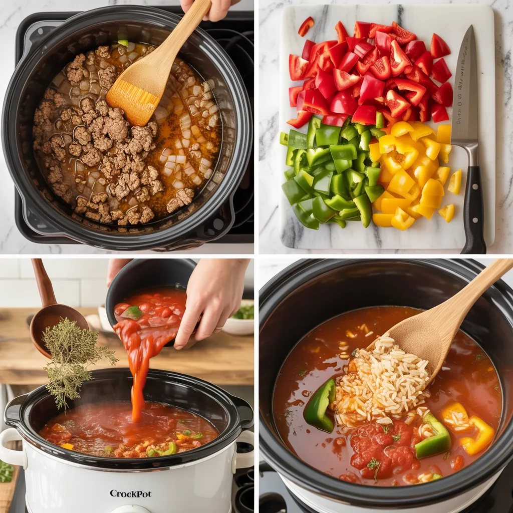 Crockpot stuffed pepper soup in bowl with ground beef, diced red and green bell peppers, rice, tomatoes, and melted cheese on top