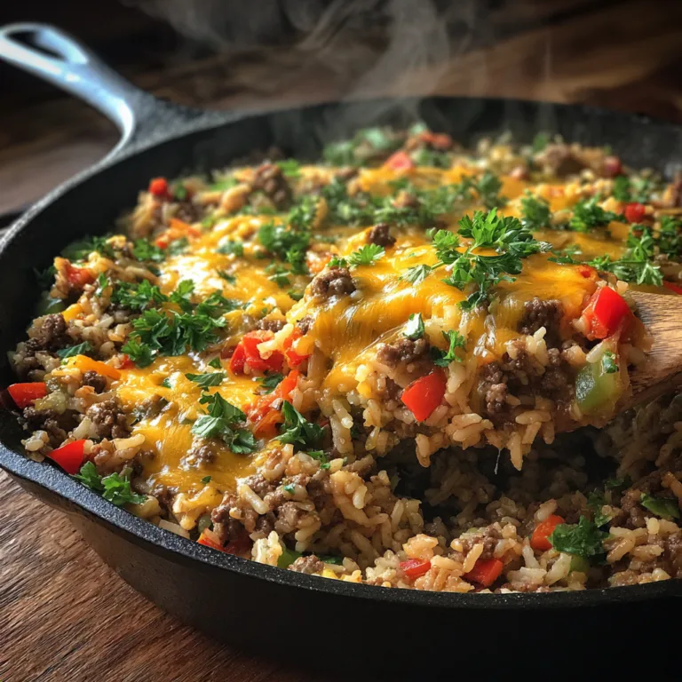 Ground beef and rice skillet with mixed vegetables and cheese in large pan