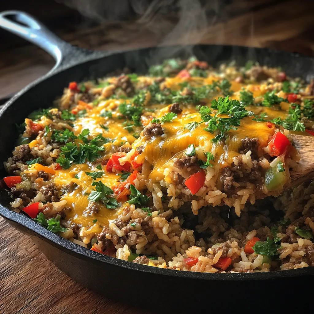 Ground beef and rice skillet with mixed vegetables and cheese in large pan