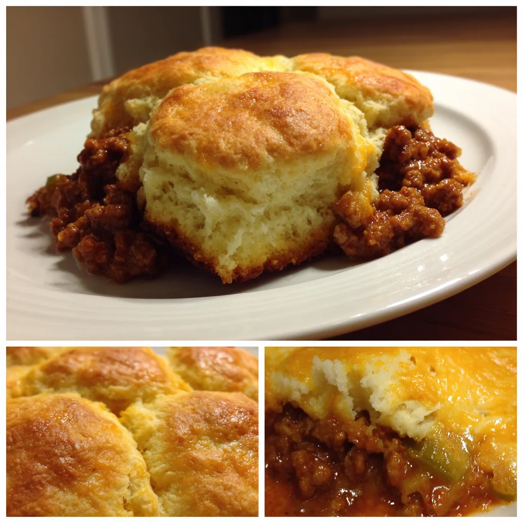 Sloppy joe biscuit bake with golden fluffy biscuits and melted cheddar cheese