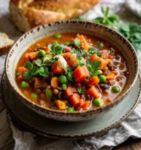 Steaming bowl of hearty lentil vegetable soup with carrots peas tomatoes and fresh herbs beside rustic crusty bread