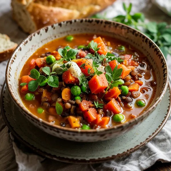 Steaming bowl of hearty lentil vegetable soup with carrots peas tomatoes and fresh herbs beside rustic crusty bread
